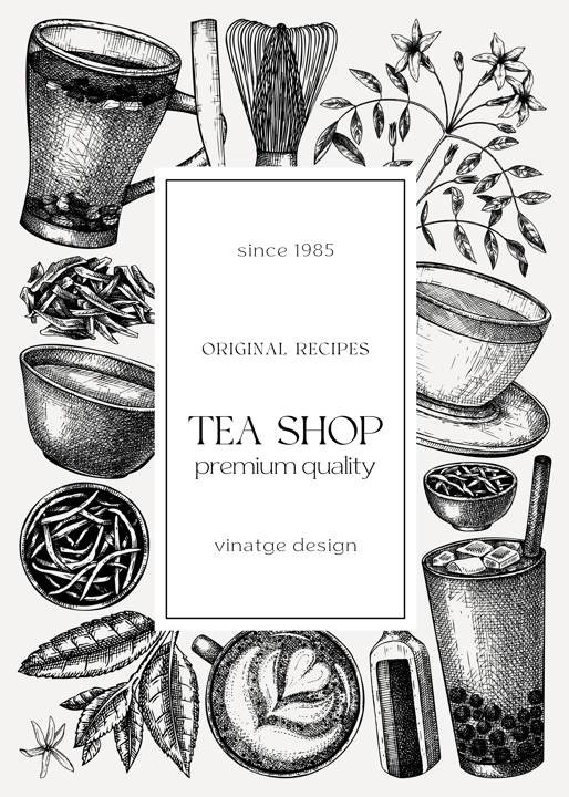 Hand-sketched tea drinks card or invitation template. Vintage teacups, glasses, leaves, flowers hand drawings frame. Tea beverages flyer design. Perfect for recipe, menu, label, packaging. 
